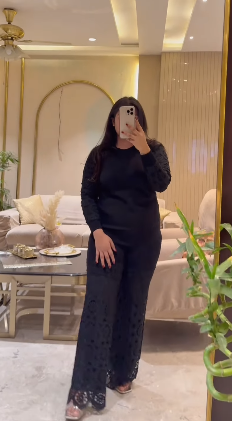 Saira 2 Piece Outfits  Knit Pullover and Wide Leg Lace Pants Lounge Matching Set